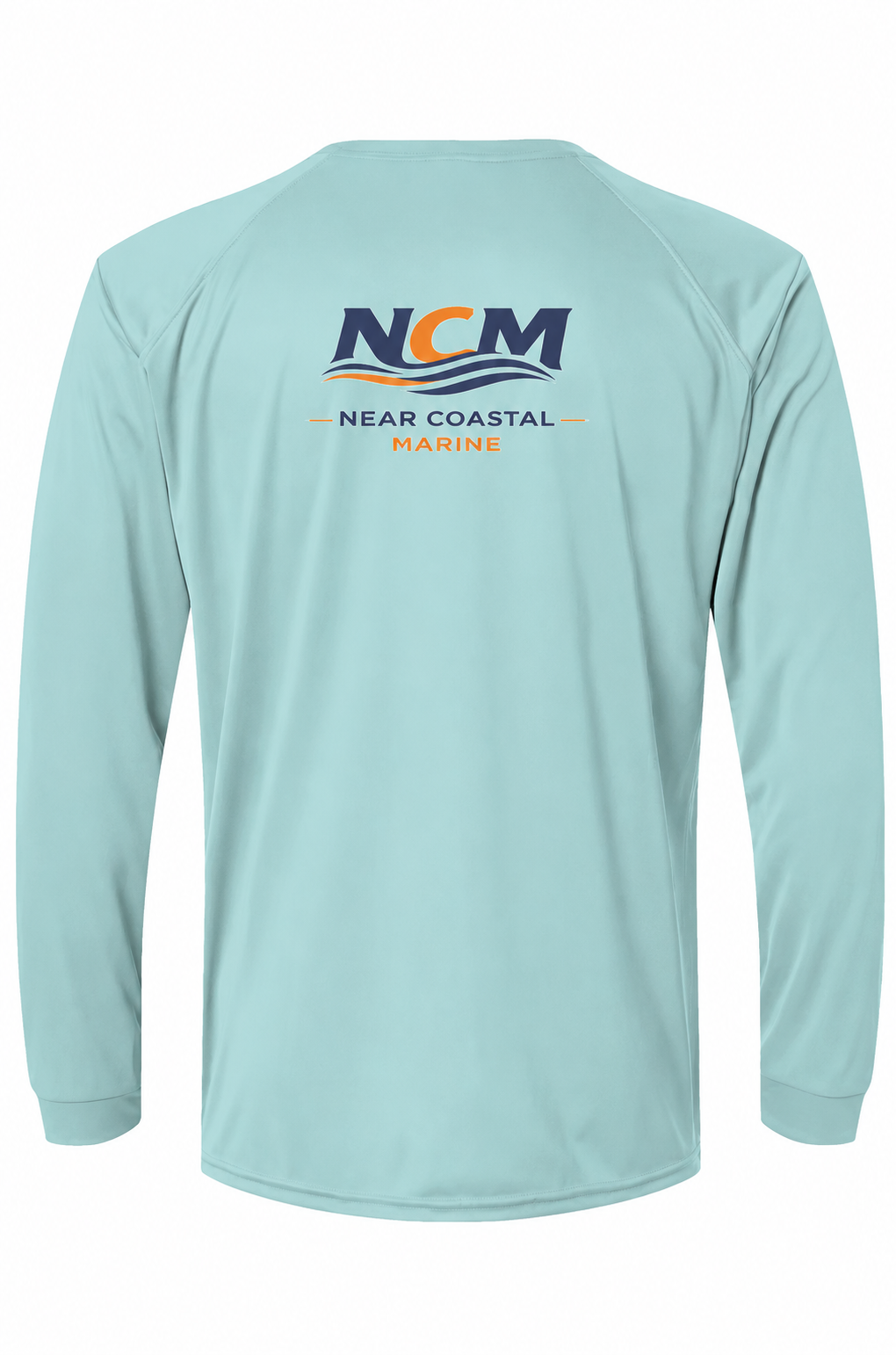 Back of aqua blue NCM Logo UPF 50 Performance Fishing Shirt