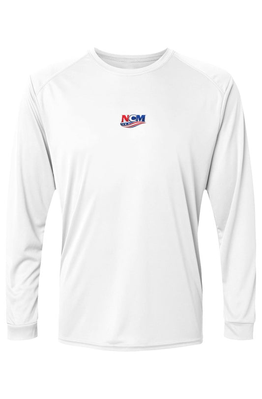 Front of white NCM USA UPF 50 performance fishing shirt