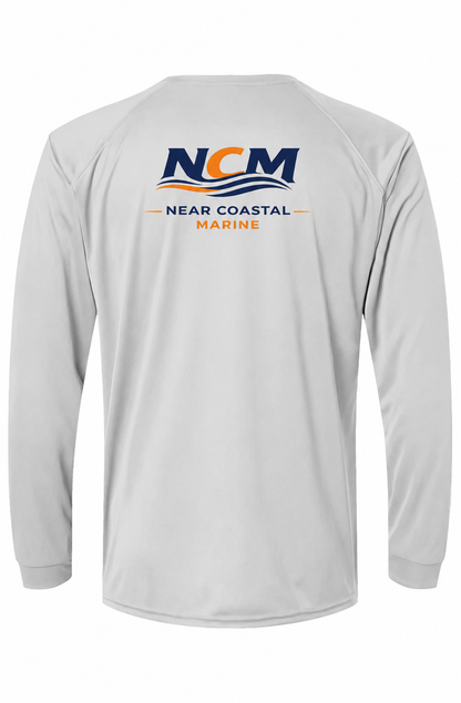 Back of aluminum NCM Logo UPF 50 Performance Fishing Shirt