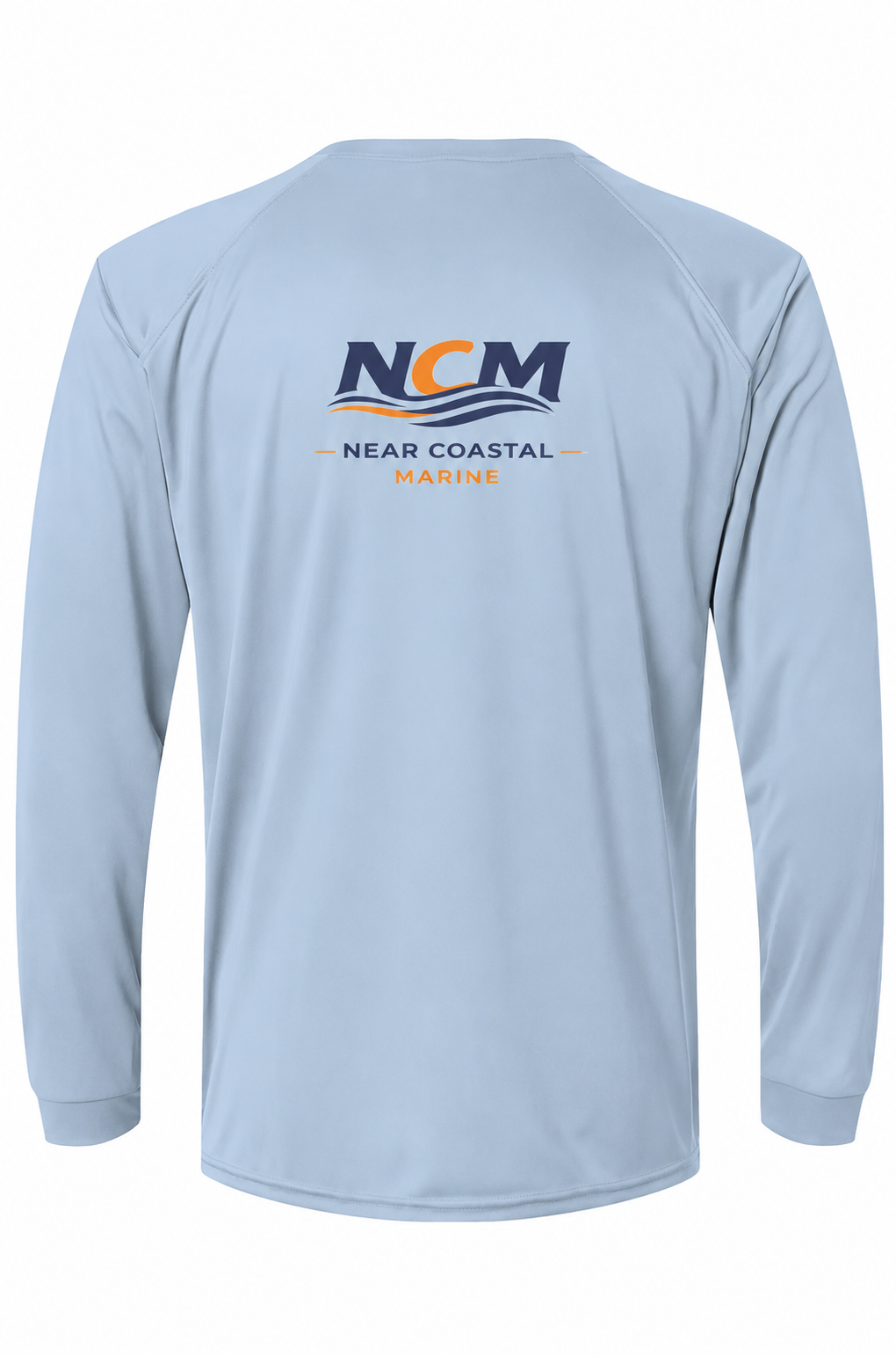Back of blue mist NCM Logo UPF 50 Performance Fishing Shirt