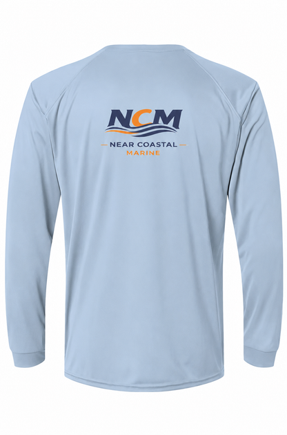 Back of blue mist NCM Logo UPF 50 Performance Fishing Shirt