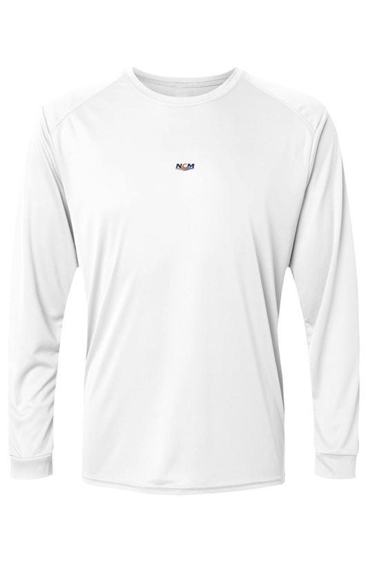Front of white NCM Logo UPF 50 Performance Fishing Shirt