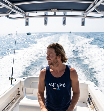 A man wearing a navy blue tank top with 'BOAT WAVE' printed on the front sits on a boat in the open ocean, looking to the side with a smile. The boat is moving, creating a white wake behind it.